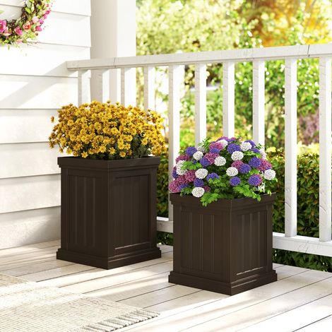 Lot de 2 Jardinières en Plastique Carrées de Grande Taille et Petite Taille avec Trous de Drainage et Design Empilable Contenants Marron (1/3)