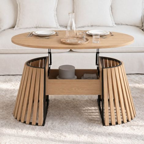 Mesa de centro con tablero elevable ovalado CARMEN de 110 cm, con patas de madera de listones y tablero de madera (1/5)