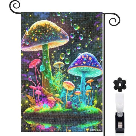 Drapeau de jardin bienvenue 30 x 45 cm motif champignons stylisés et décor naturel toile double face (1/5)