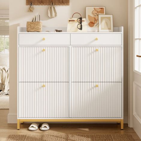 Meuble à chaussures étroit blanc 106,5×25×107 cm, 4 portes abattantes 2 tiroirs, poignées et pieds métal pour entrée, chambre (1/5)