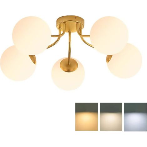 Lustre en verre doré, lumière tricolore (3000-6000K), E27, éclairage décoratif, plafonnier LED, convient pour la salle à manger et le salon. (1/5)