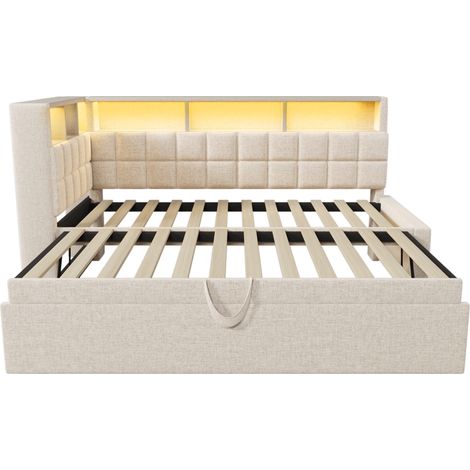 Lit rembourré en lin 90x200 avec lit gigogne 90x190, LED, haut-parleur Bluetooth, ports de charge USB et Type-C, tête de lit en L avec étagère de rangement, canapé-lit/lit d'appoint, beige, sans matel (1/5)