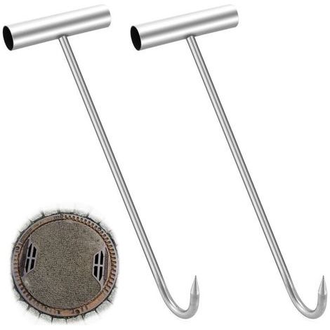 Lot de 2 crochets de levage pour couvercle d'égout - Pour charges lourdes - En acier inoxydable - 30 cm - Argenté (1/2)
