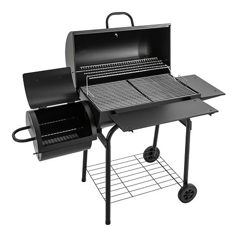 Barbecue au charbon de bois noir avec thermomètre, bac à cendres, couvercle et 2 roues, chariot de barbecue au charbon de bois smoker pour pique-niques, fêtes, terrasses (1/5)