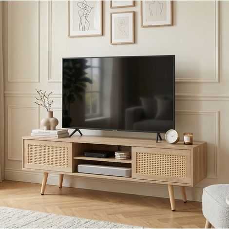 Mueble TV de ratán (150x49x12 cm), con 2 puertas correderas, 3 estantes regulables, patas de madera maciza, color madera natural (1/5)