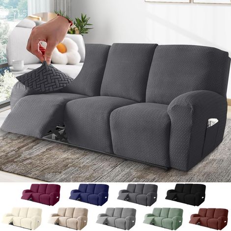 3-Sitzer Sessel Überzug, Sesselbezuge Stretch mit Taschen, All-Inclusive Streifen-Jacquard Sesselschoner für Fernsehsessel Relaxsessel Sesselhusse (Dunkelgrau, 8-Teilig)