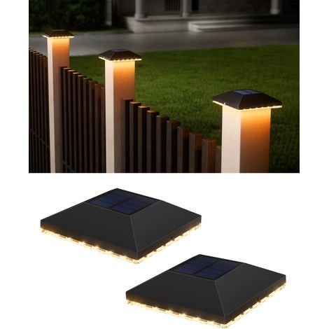 Chapeau de poteau solaire IP65 étanche – Lot de 2 lampes – Éclairage automatique 14h – Installation facile pour poteaux 7x7 à 10x10 cm