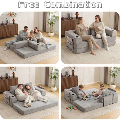 Canapé de sol compressé, convertible en lit avec appui-tête, accoudoirs, repose-tête, porte-gobelet et poche latérale, tissu velours côtelé, gris clair, pour salon et chambre (1/5)