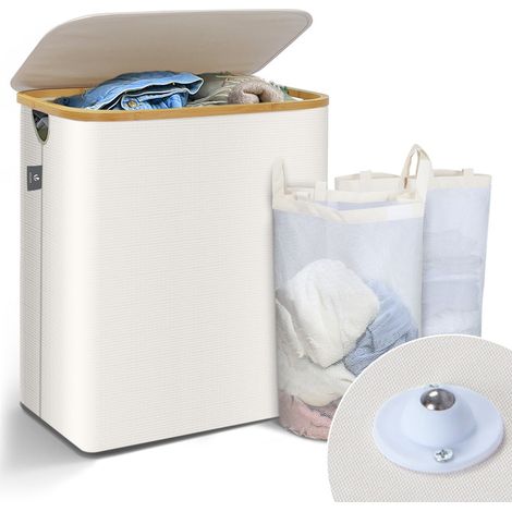 VOUNOT Cesto Ropa Sucia 145L Cesta Colada Plegable, Cubo Ropa Sucia con Ruedas y Bolsas Interiores, Beige