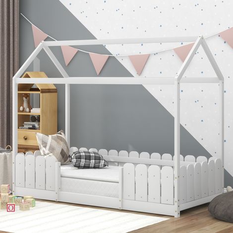 Modernluxe – Lit cabane 90x200 cm en bois massif – Protection antichute – Capacité 120 kg – Peinture inodore à base d'eau – Assemblage requis