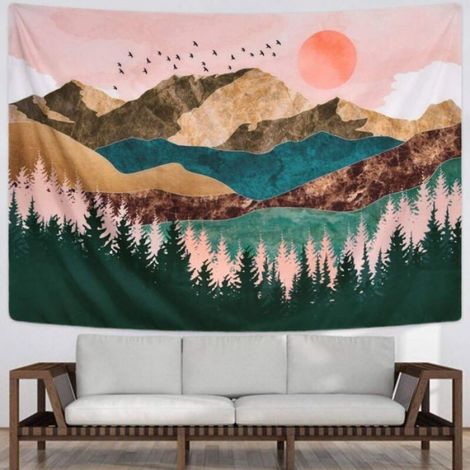 Tapisserie décorative d'intérieur, tapisserie de montagne, forêt, arbre, coucher de soleil, paysage naturel, tapisserie murale à su (1/4)