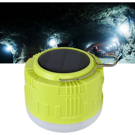 Lampe solaire LED de camping rechargeable avec crochet, jaune, pour tente ou extérieur. (1/5)