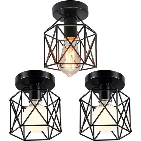 Lot de 3 Plafonniers Industriels, 15CM Lustre Fer Forge Noir Cage Suspension Luminaire pour Chambre Entrée Café Bar (3 pcs) (1/5)