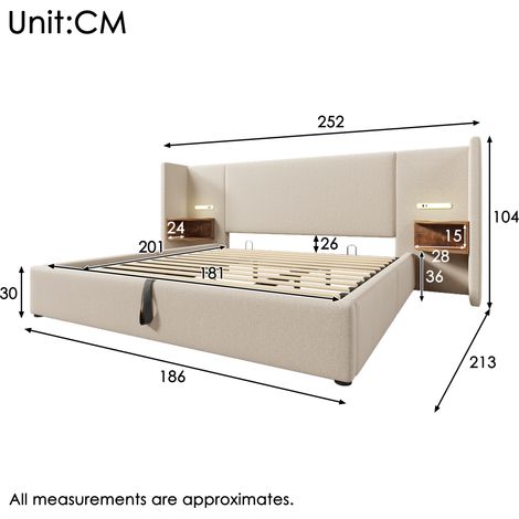 Lit double 180x200 beige en lin, sommier lattes bois massif et métal, avec table de chevet, lampe de lecture et chargeur USB-C, sans matelas (1/4)