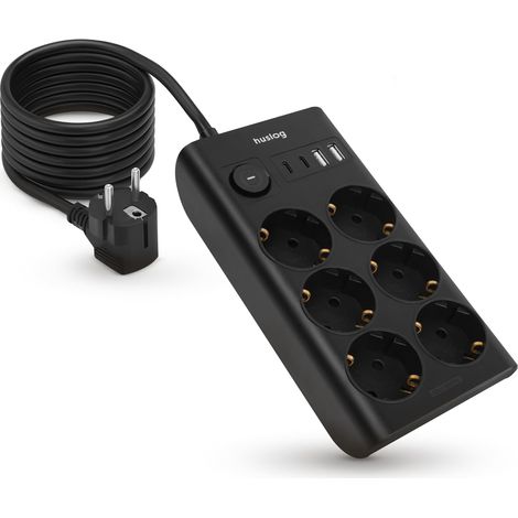 Multiprise 6 Prises avec USB – Multiprise avec 4 Ports USB (2 x USB-A, 2 x USB-C), Protection Contre Les surtensions, 3 680 W, câble de 1,5 m, Schuko, Design Plat, Noir (1/5)