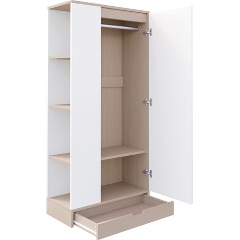 Armoire simple porte 70x40x170 cm en bois naturel et blanc avec étagères et tiroirs (1/5)