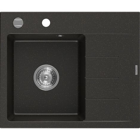 Mexen Ben évier en granit 1 bac avec égouttoir gauche 600 x 500 mm, noir/doré métallisé, siphon chromé - 6522605000-75 (1/5)