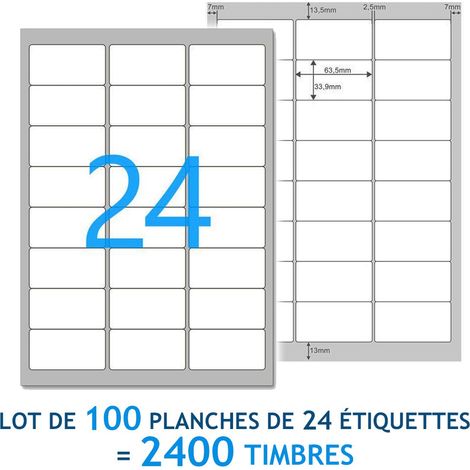 Lot de 100 Planches A4 de 24 étiquettes multi-usages 6,35 x 3,39 cm - spéciales TIMBRE