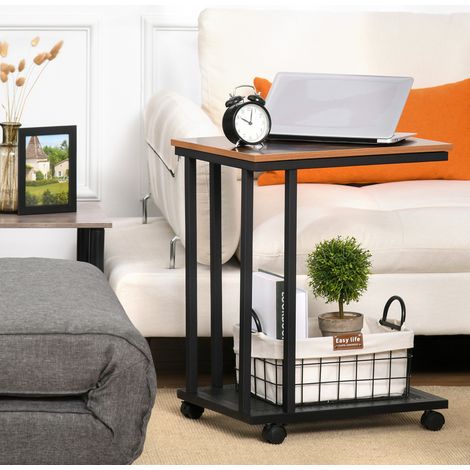 Tavolino laterale a C 51x36x65 cm in MDF nero e marrone con contenitore FloraGrace (1/5)