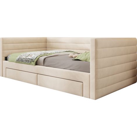 Lit rembourré 3-en-1, canapé-lit extensible 90 x 190 cm, lit multifonction avec tiroirs, transformable en lit simple/double avec sommier à lattes, coton et lin, beige (matelas non inclus) (1/5)