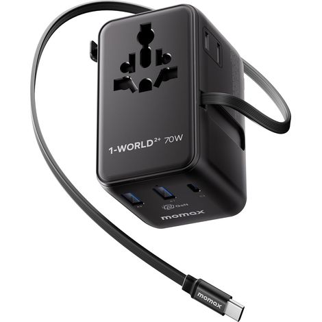 Adaptateur de Voyage 70 W avec Câble Extensible, Compatible avec Le Monde Entier, Doté de 2 Prises Secteur, 2 Prises USB-A et 2 Prises USB-C. Adaptateur de Voyage International - Noir (1/5)