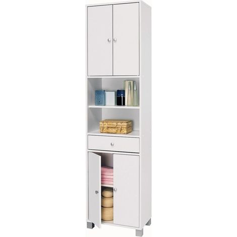 M&S – Colonne de salle de bain blanche mat – Armoire spacieuse avec 1 tiroir et 2 portes – Montage mural – Pour rangement serviettes et soins (1/5)