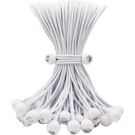 Lot de 50 tendeurs élastiques avec boule, 25,4 cm, accessoires de tente d'extérieur robustes pour bâche de camping, auvent et fixations (blanc) (1/5)