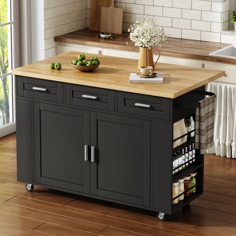 Isola da cucina con ruote e piano pieghevole - 120 x 45/70 x 84 cm - carrello da cucina con multipresa e cassetti in mdf stile moderno - nero e legno naturale (1/5)