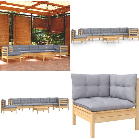 Set Divani da Giardino 9 pz con Cuscini Grigi Massello di Pino - Divano angolare - Cuscini per divano