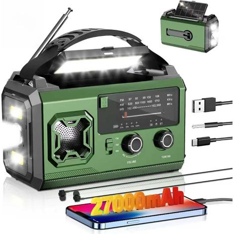 Radio à manivelle de 27000 mAh, radio d'urgence FM/AM avec Bluetooth, radio solaire portable avec chargeur de téléphone, radio d'urgence avec alarme SOS/lampe de poche/boussole pour camping en plein (1/5)