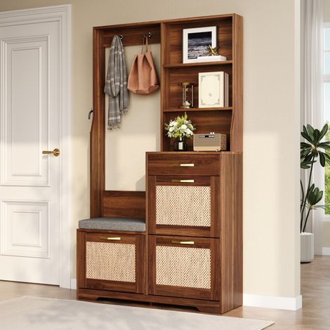 Mobile ingresso portascarpe 100x30x170 cm in MDF marrone con panca salvaspazio – MEUBLIV (1/5)