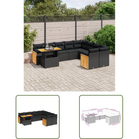The Living Store Salon de jardin 10 pcs avec coussins noir résine tressée - Ensemble Salon De Jardin - Mobilier De Jardin - Table De Jardin Extensible - Chaise Lounge - Fauteuil Extérieur (1/3)