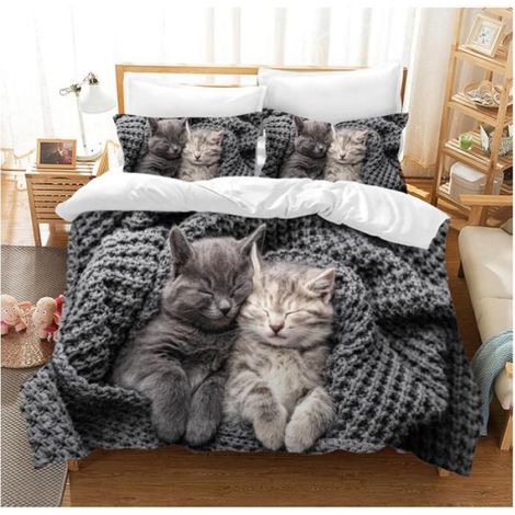Parure de Lit Chat Imprimé Motif 220x240cm Housse de Couette avec 2 Taies d'oreiller 3D Animal Literie en Microfibre 2 chats - 5ED (1/3)