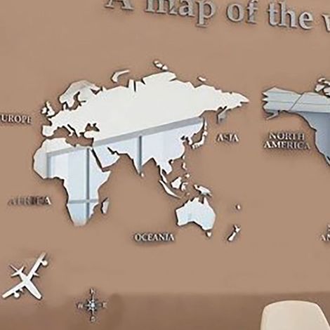 Sticker mural acrylique 3D carte du monde effet miroir pour bureau, salon, chambre, argent (1/5)