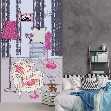 Papier peint intissé Baroque, 250 cm X 150 cm, décoration salon, mélange couleurs, fond violet, illustration salon, ambiance chic et élégante. (1/2)