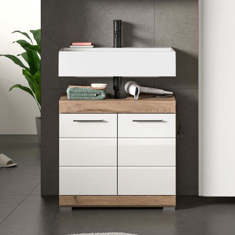 Meuble sous lavabo 2 portes 60x34x56 cm chêne brun et blanc - BRUK