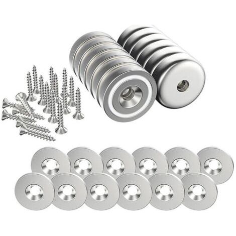 12 aimants néodyme (N52), 20 × 7 mm, charge de traction 10 kg par pièce, avec trou fileté, boîtier de protection, base conique et vis incluses, + 12 rondelles en acier inoxydable (argenté)
