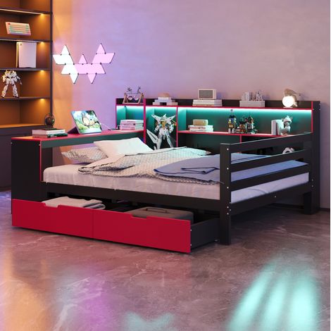 Cama 140x200 cm negra y roja de madera, con escritorio, estantes y 2 cajones (1/5)