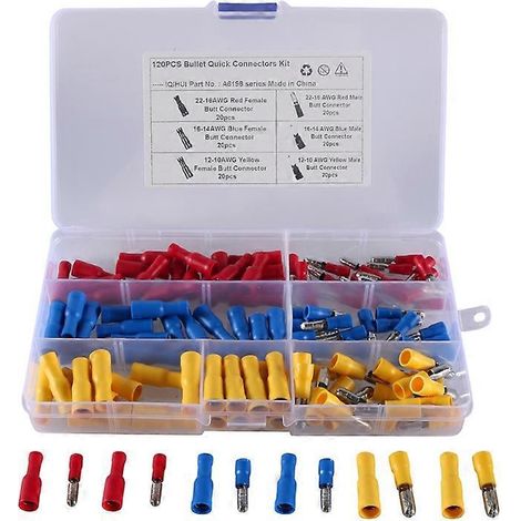 120 isolierte elektrische Stecker/Buchsen, Gabeltyp, Crimp-Anschluss - 120-teiliges Set für die Fahrzeug- und Hausverkabelung. (1/4)