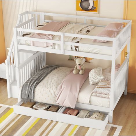 Letto a castello in legno di pino e MDF bianco 140x200 cm con scale a scaffale, 2 cassetti e rete a doghe (1/5)