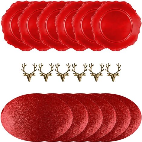 Christmas Table Decoration Set for 6 Glitter Placemats Charger Plate Napkin ring (1/4)