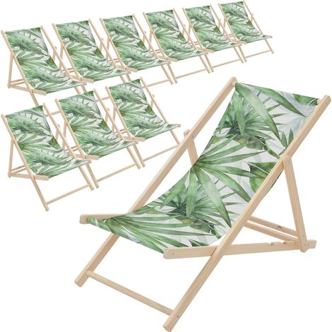 ECD Germany 10x Sedia a Sdraio Pieghevole in Legno con Tessuto Traspirante Palma Verde-Bianco, Schienale Reclinabile in 3 Posizioni, Lettino Relax con Portata 120 kg per Spiaggia, Giardino e Terrazza