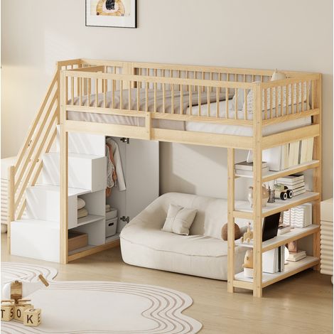 Lit mezzanine en pin enfant 90x200cm,avec 4 étagères et armoire,Étagère de rangement intégrée,sécurisée garde corps (1/5)