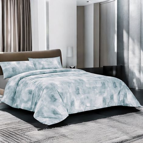 Copripiumino in Cotone Tempo di Dormire Azzurro, Made in Italy, Design Astratto, Patella Antiscivolo, Lavabile in Lavatrice Cm. 155X200