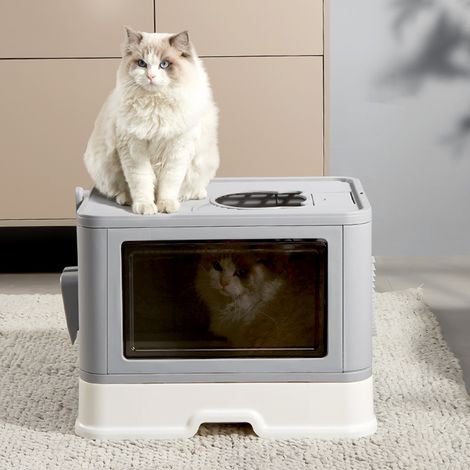 Bac Litière Chat Pliable Maison de Toilette Chat Fermée avec zone de chatouillement+ pelle à litière 50.8×40×37cm Gris (1/5)