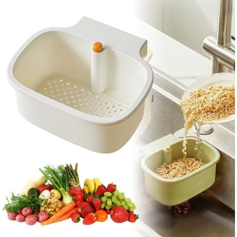 Cesta coladora para fregadero de cocina - Grifo colgante con botón pulsador y desagüe basculante automático - Blanco (1/3)