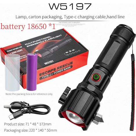 Lampe torche LED zoom (batterie 18650) - Rechargeable par USB, marteau de sécurité, multifonctionnelle - étanche - alliage d'aluminium