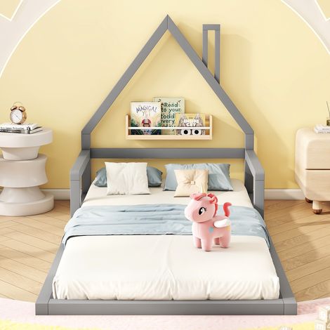 Letto a casetta 90x200 cm, con rete a doghe in legno, tetto, camino, letto singolo a forma di casa in pino - Grigio