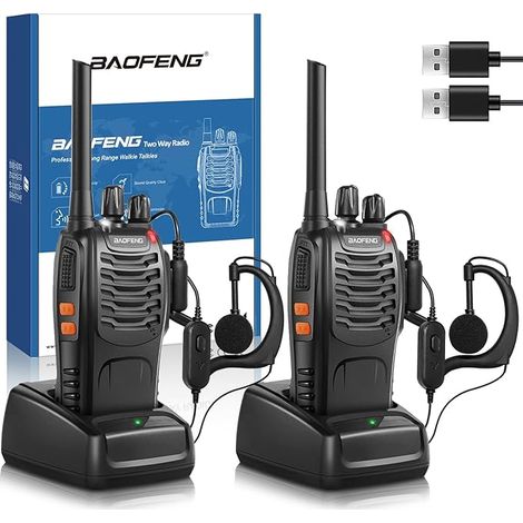 Talkie-walkie professionnel Baofeng PMR, radio de communication rechargeable par USB, 16 canaux, longue portée, portable, avec écouteurs et lampe LED (noir, 1 paire)