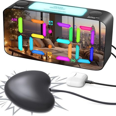 Réveil extra puissant pour adultes au sommeil profond, réveil numérique avec veilleuse 7 couleurs, volume réglable, variateur, chargeur USB, petit réveil pour chambre
